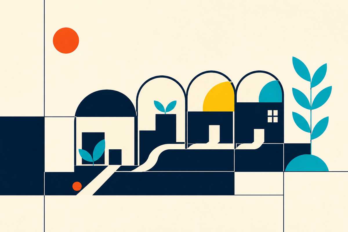 Abstract Swiss-style illustration of connected homes, paths and growing leaves