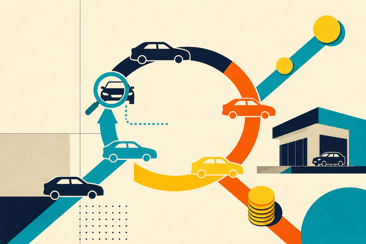 Abstract Swiss-style illustration of cars circulating between a showroom, inspection point and capital