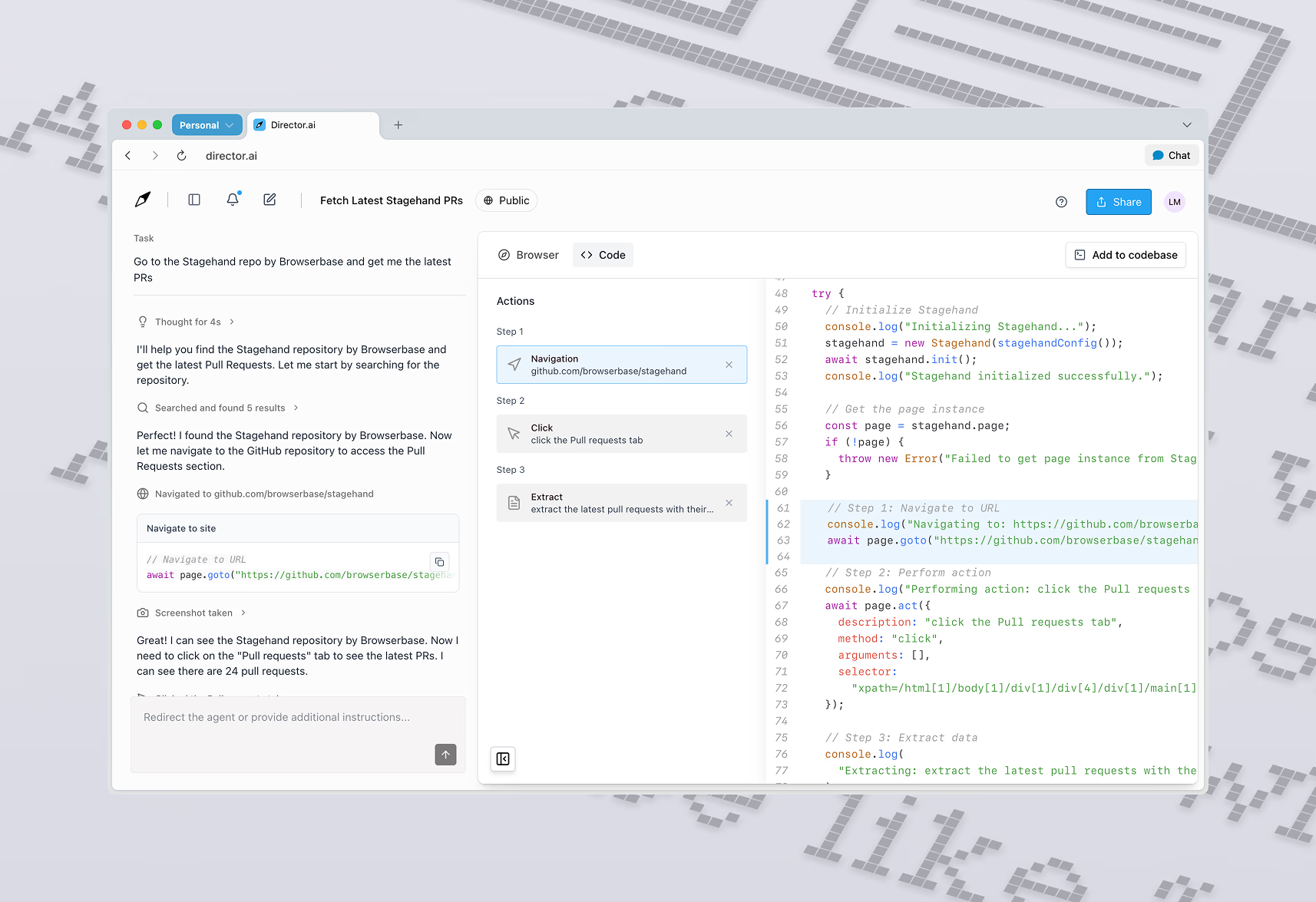 Browserbase Director showing a browser automation task and generated code
