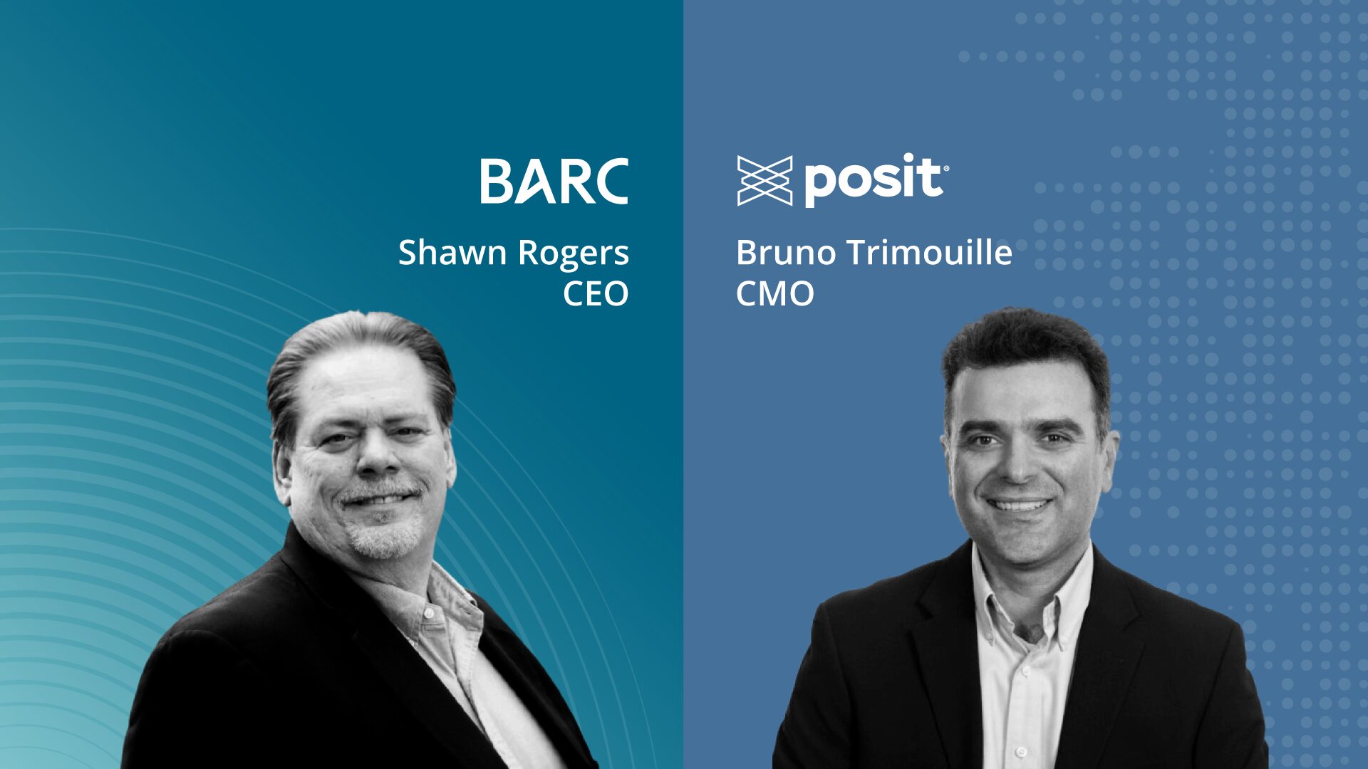 Posit CMO Bruno Trimouille and BARC CEO Shawn Rogers pictured for a webinar on governance and business value