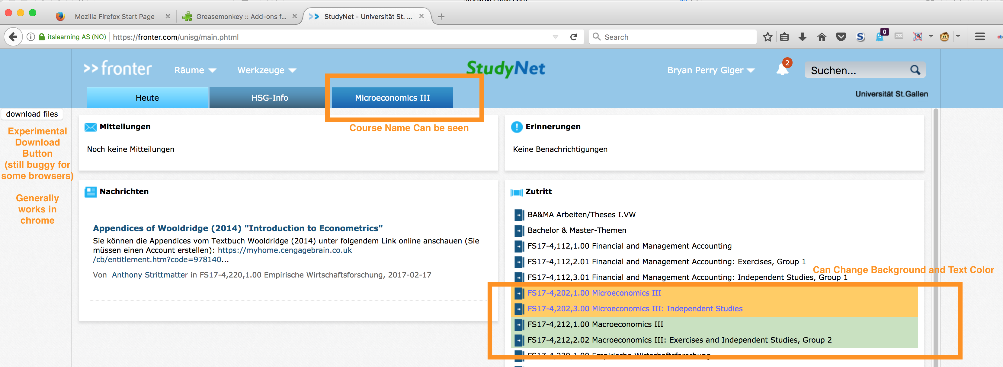 Giger’s Studynet interface with readable course tabs and courses distinguished by color