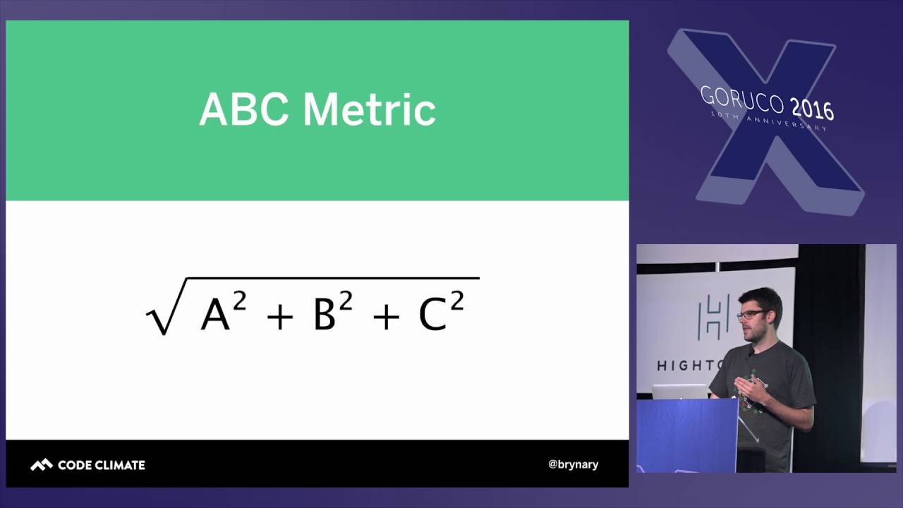 Bryan Helmkamp speaking at GORUCO 2016 beside a slide explaining the ABC complexity metric
