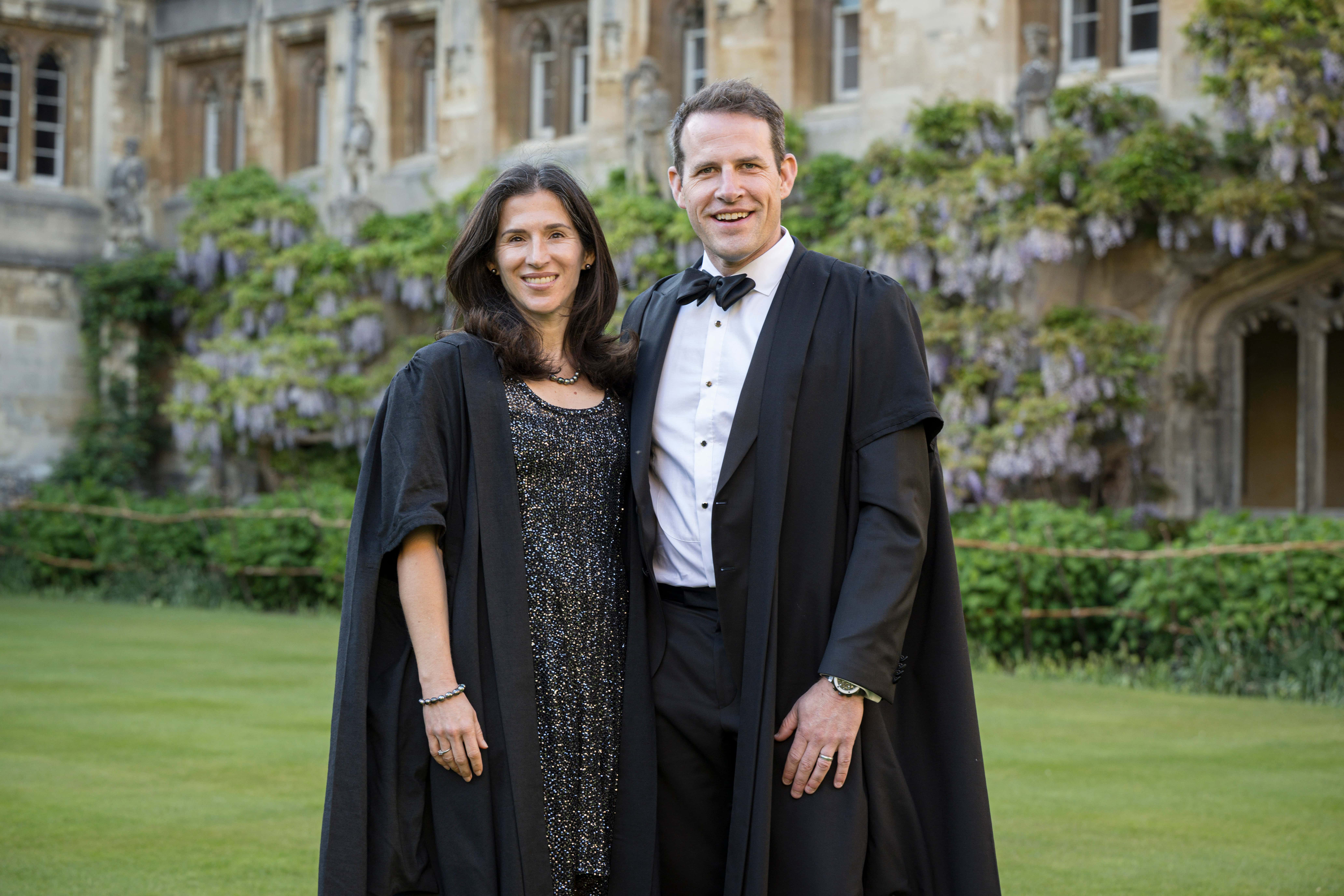 Jennifer Gaudiani and Bryan Leach in academic robes at Magdalen College
