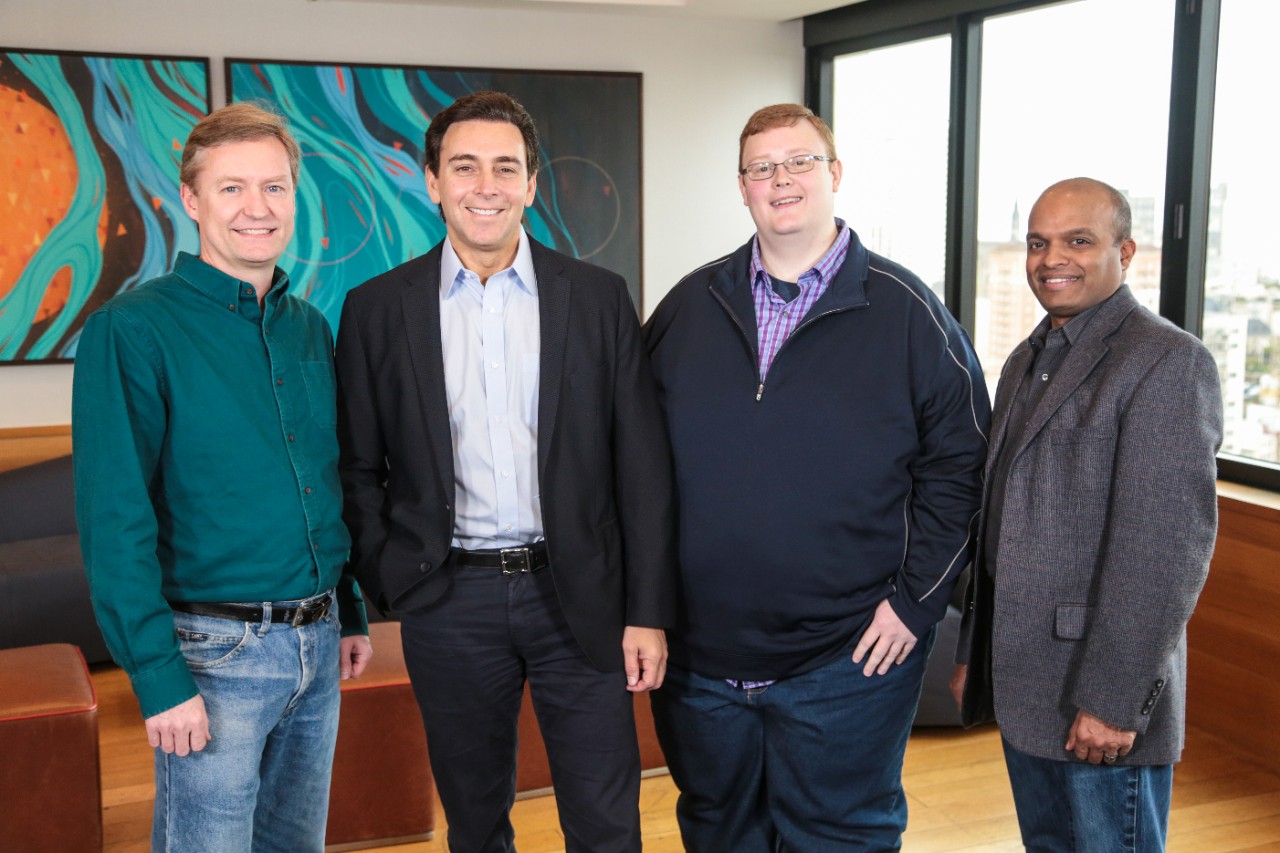 Peter Rander, Mark Fields, Bryan Salesky and Raj Nair standing together at the time of Ford’s Argo AI investment