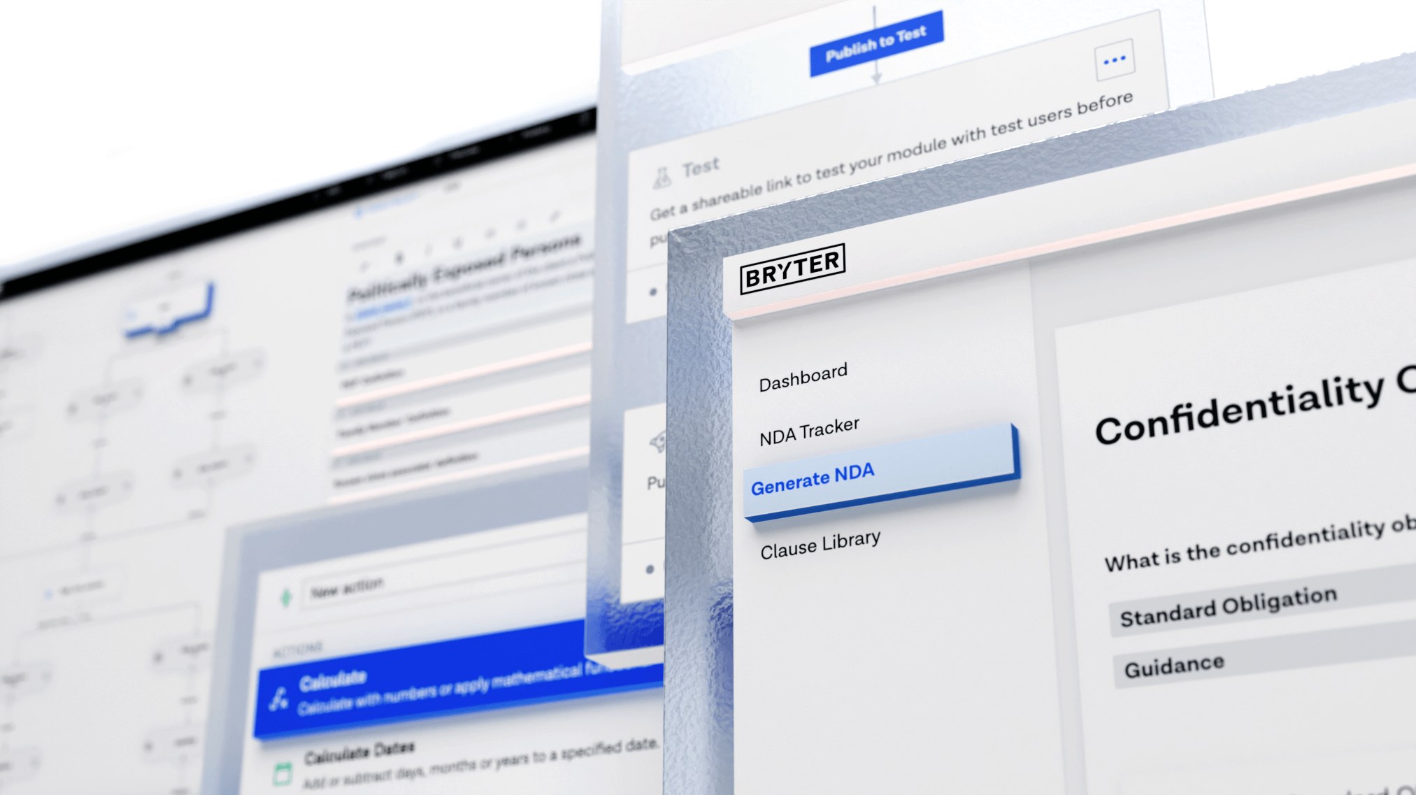 BRYTER workflow interface and document automation screens from the company's product media kit