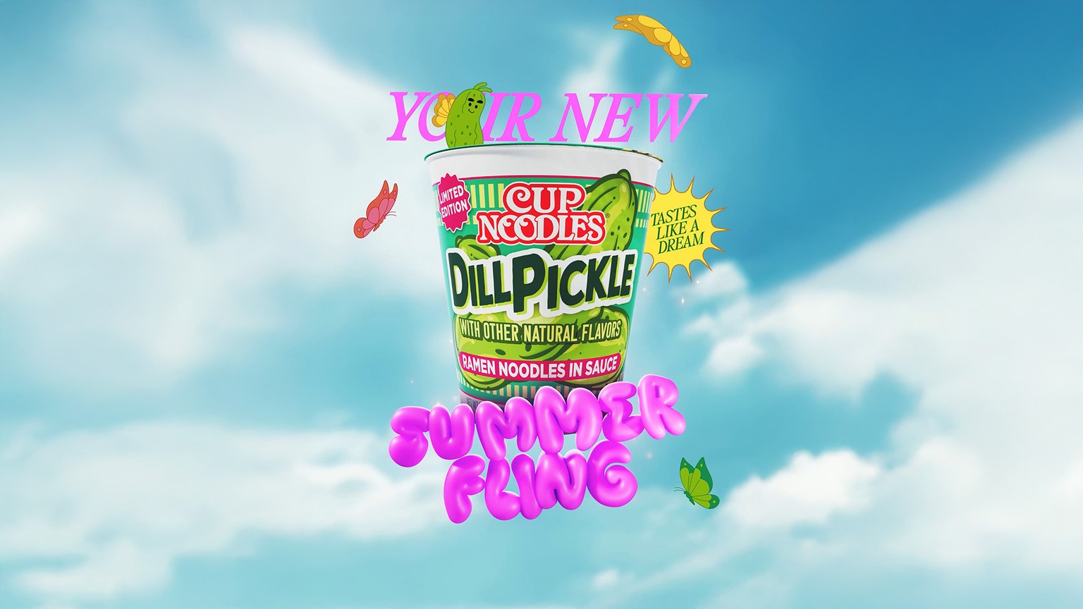 Cup Noodles Dill Pickle campaign artwork with animated pickles and butterflies