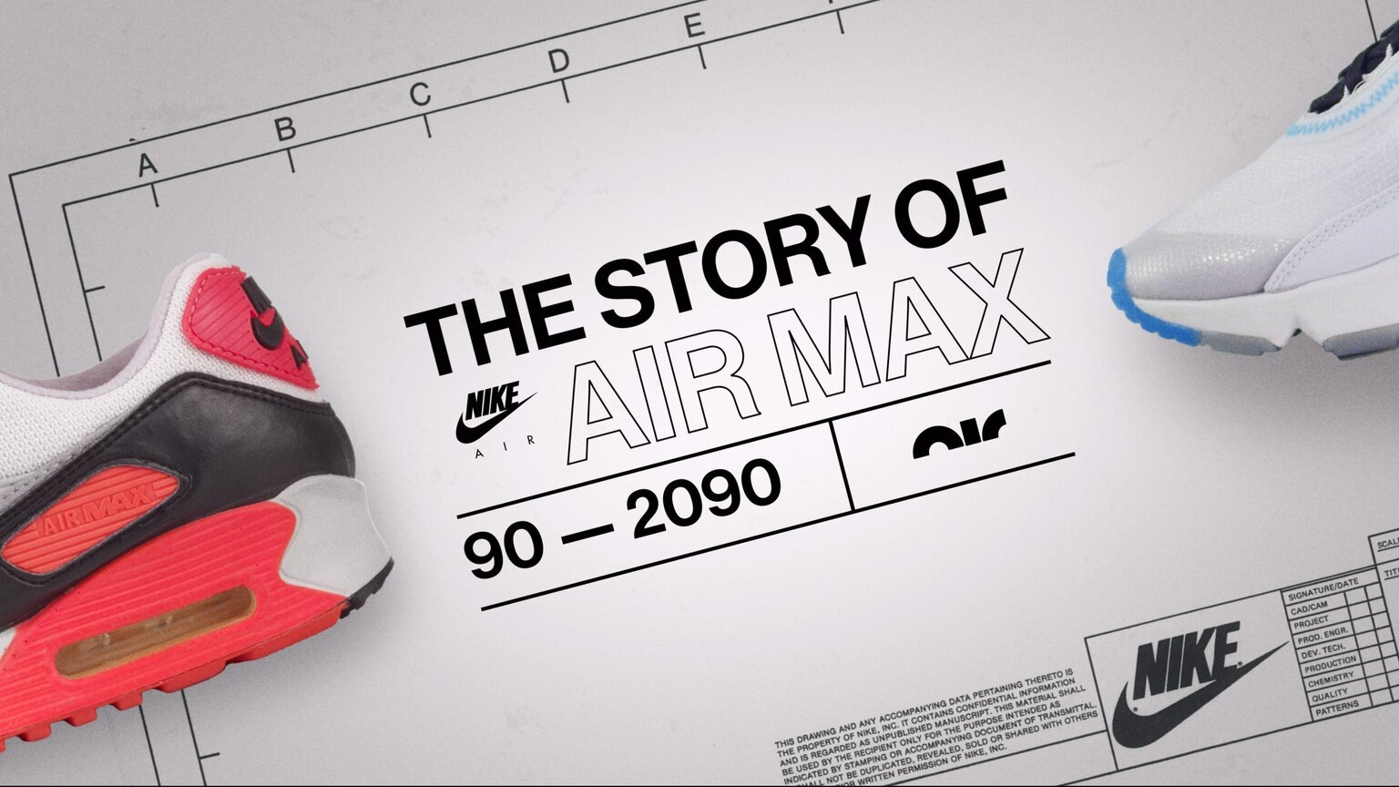 The Story of Air Max title artwork combining Nike shoes and technical drawing graphics