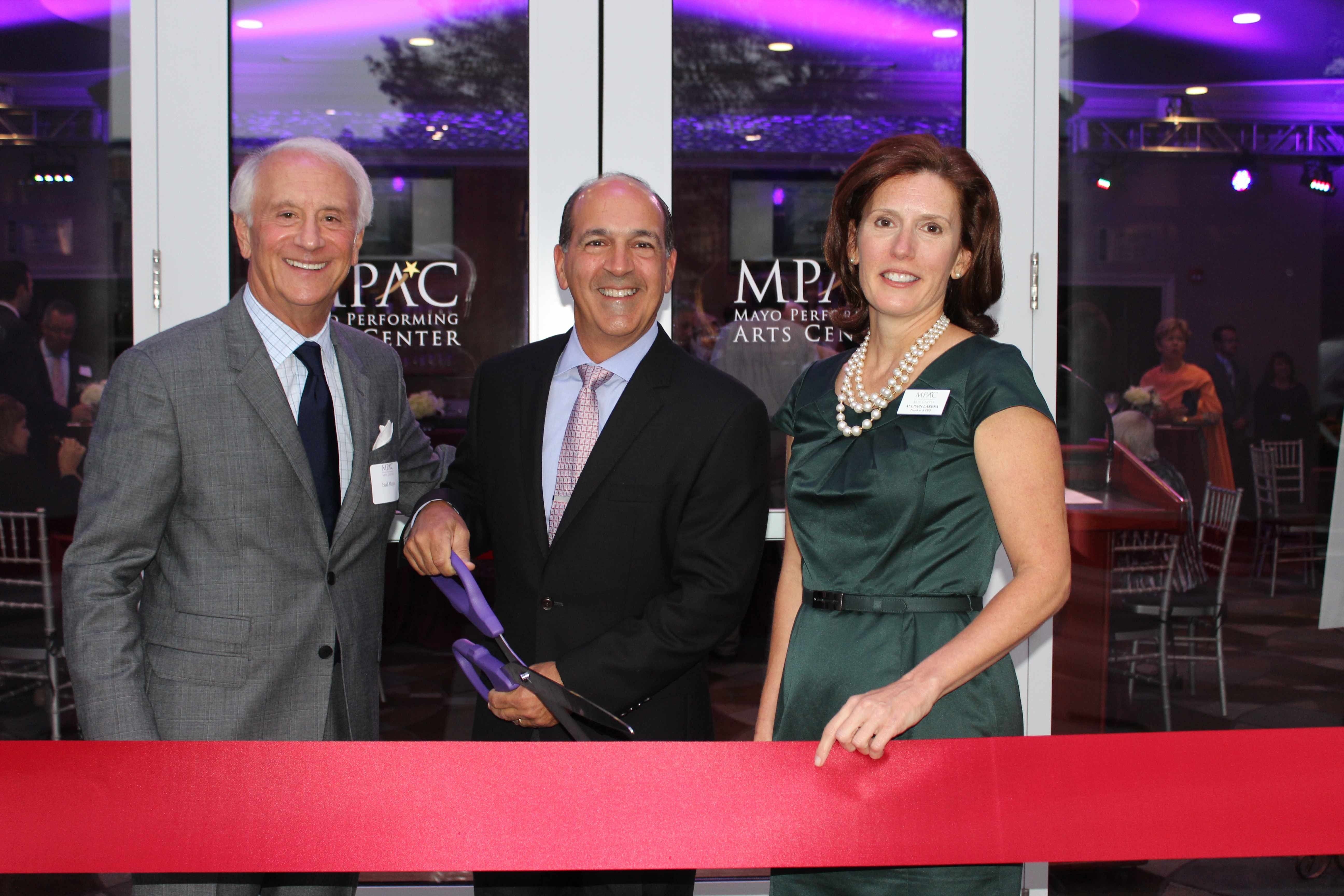 Bud Mayo, Joseph M. Goryeb and Allison Larena at the Mayo Performing Arts Center ribbon cutting in 2014