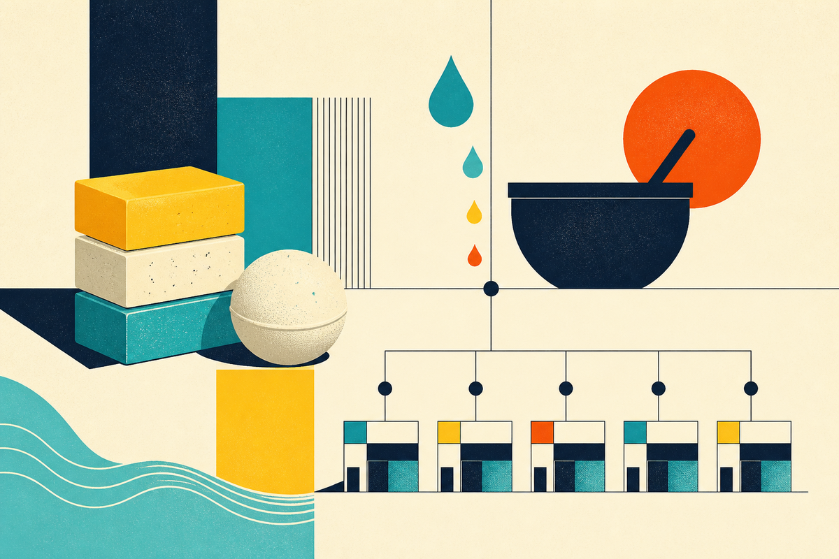 Abstract Swiss-style illustration of soap bars, a mixing bowl, droplets and a network of small stores