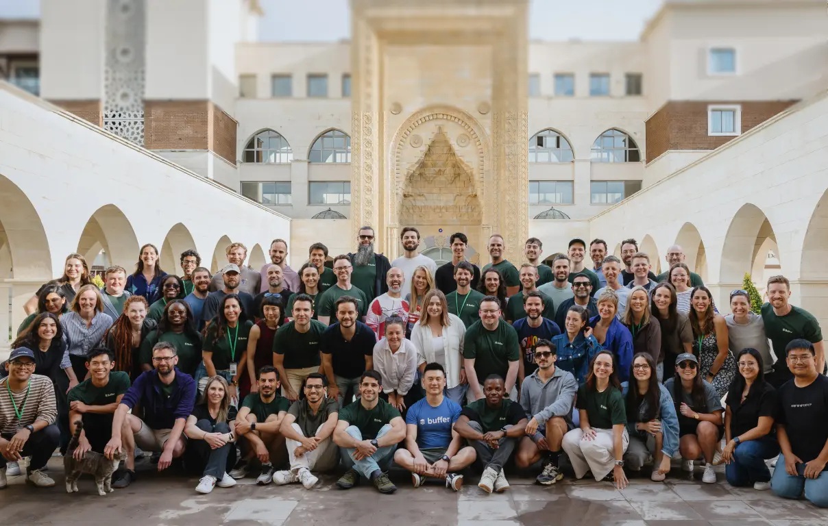 Buffer teammates gathered outside a hotel during their 2025 retreat in Turkey