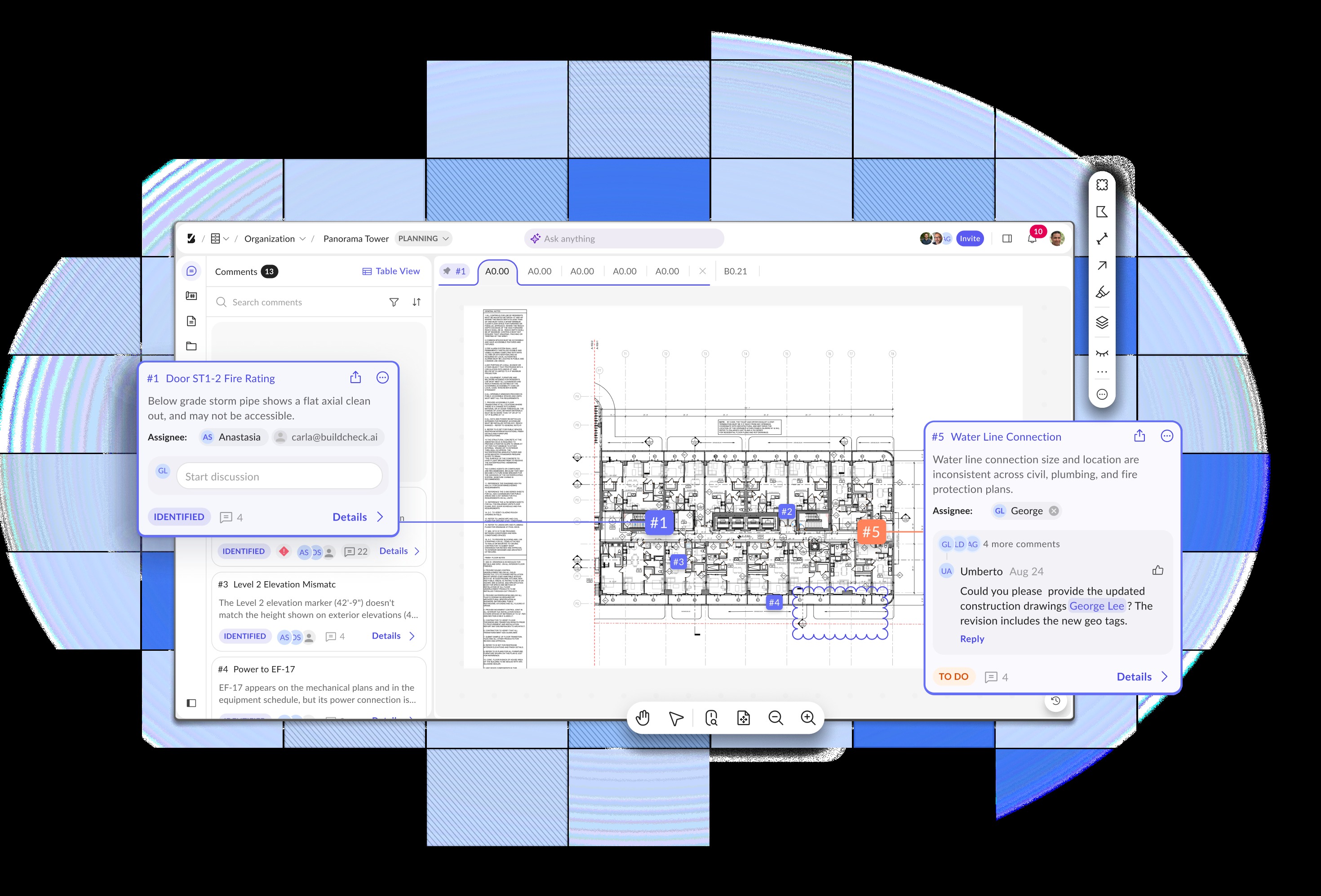 Buildcheck interface showing an architectural plan with issue markers, comments, assignees and discussion threads