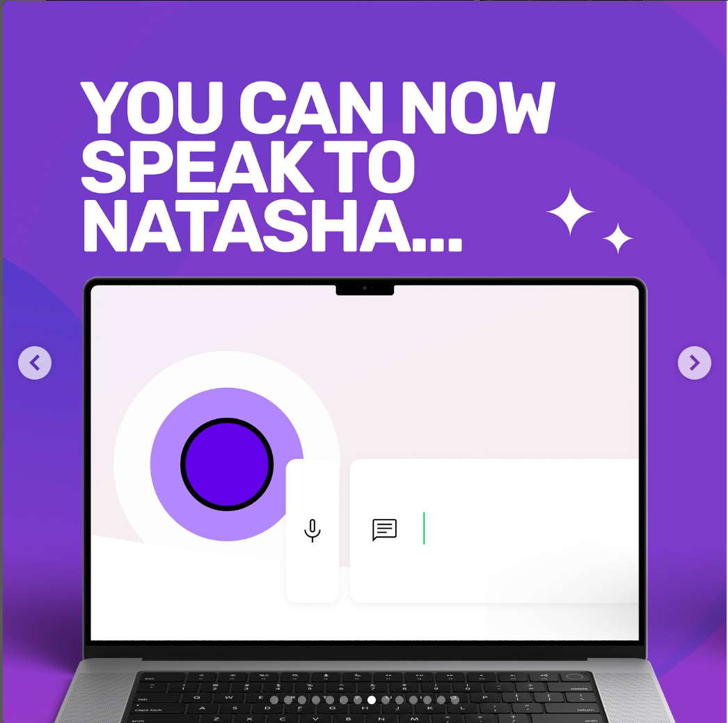 Builder.ai promotional artwork showing the Natasha voice interface on a laptop