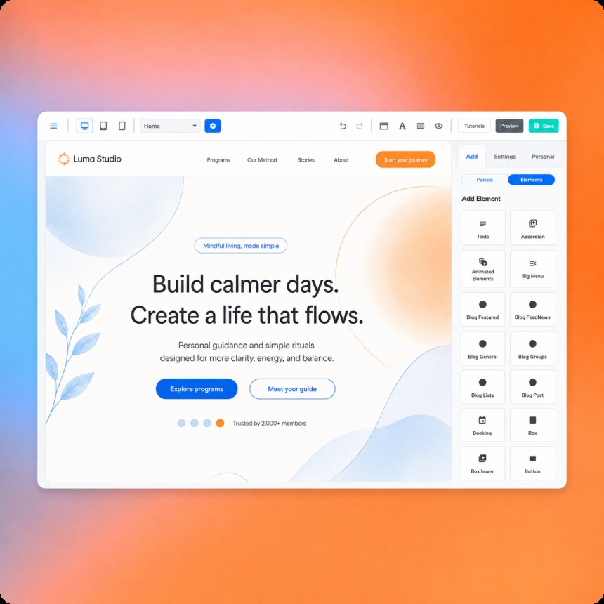 Builderall’s illustrative drag-and-drop editor preview, showing a sample wellness website and the elements panel