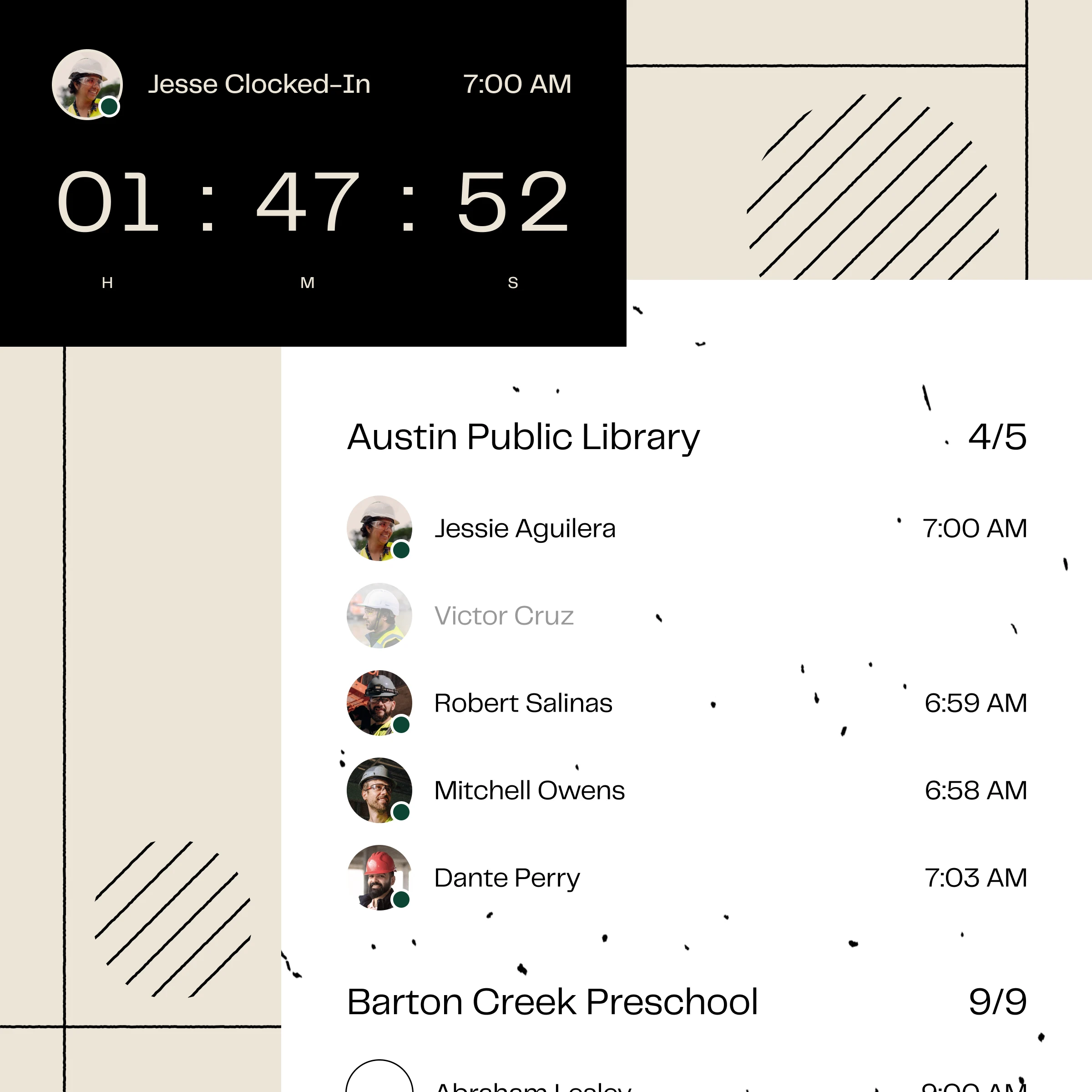 Buildforce graphic linking a worker’s mobile clock-in with the contractor’s workforce interface