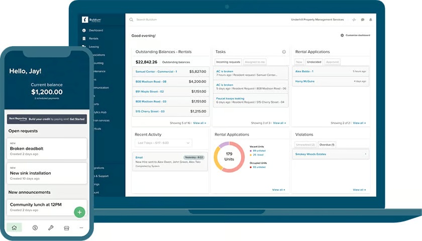 Buildium desktop management dashboard alongside the Resident Center mobile interface