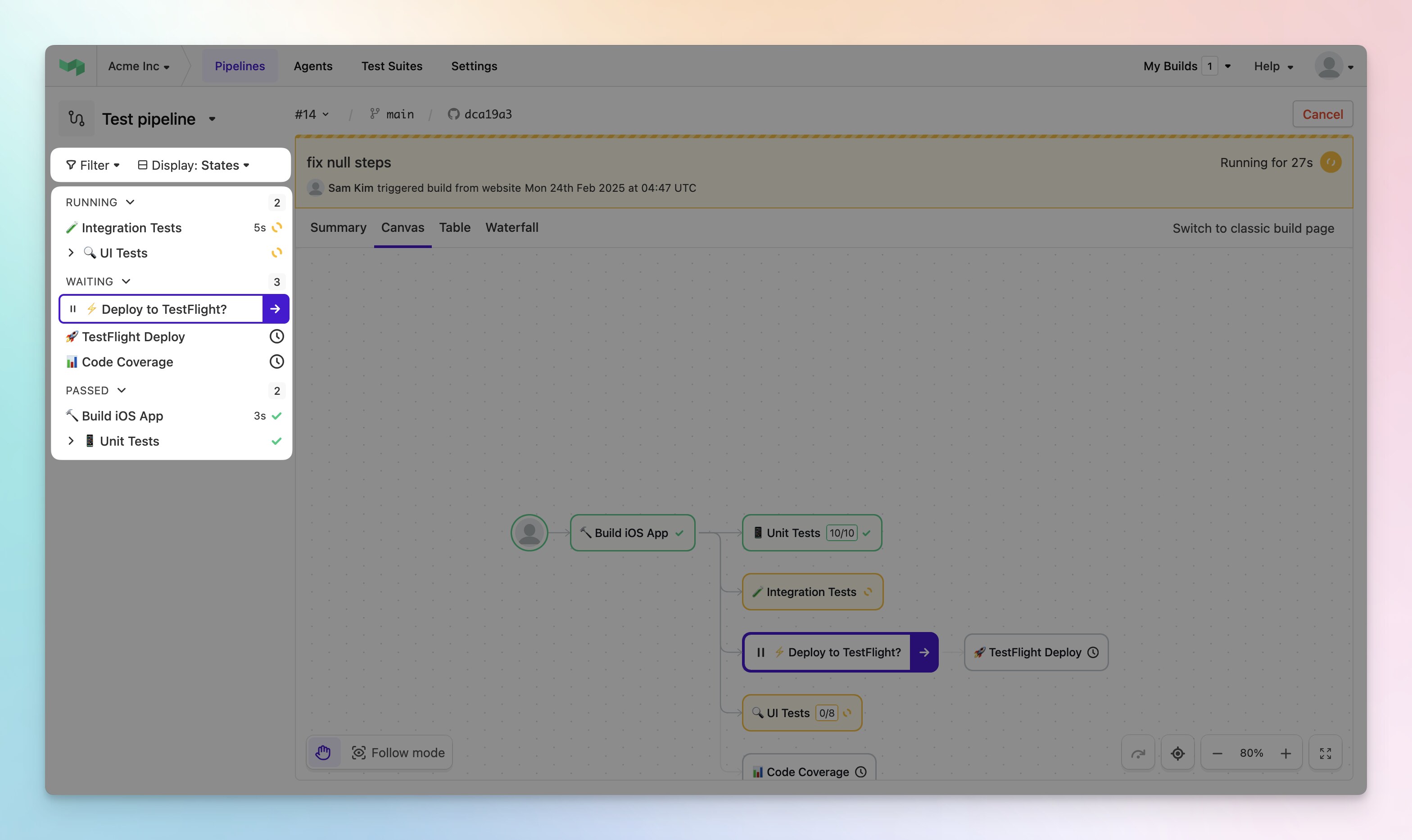 Buildkite build page showing a pipeline canvas and job states