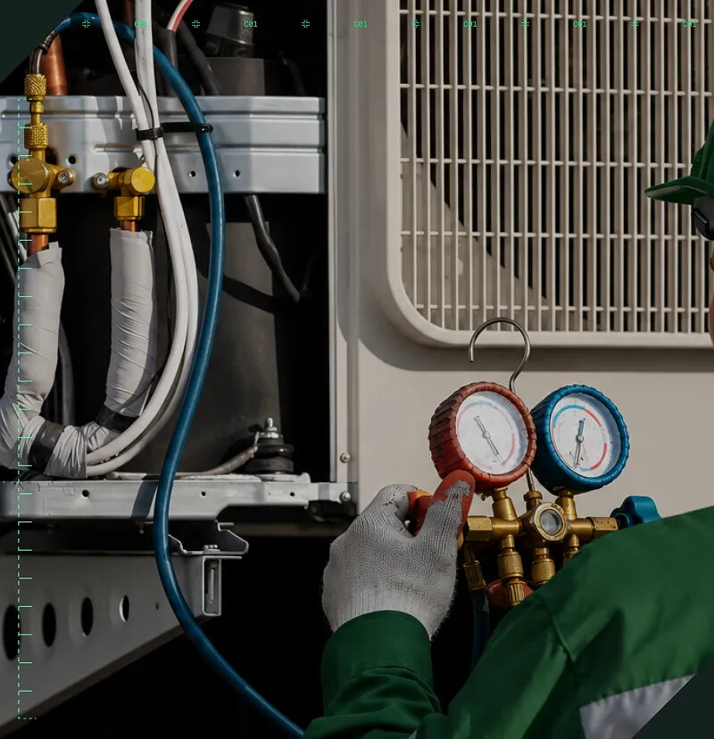 An HVAC technician checks pressure gauges on commercial equipment