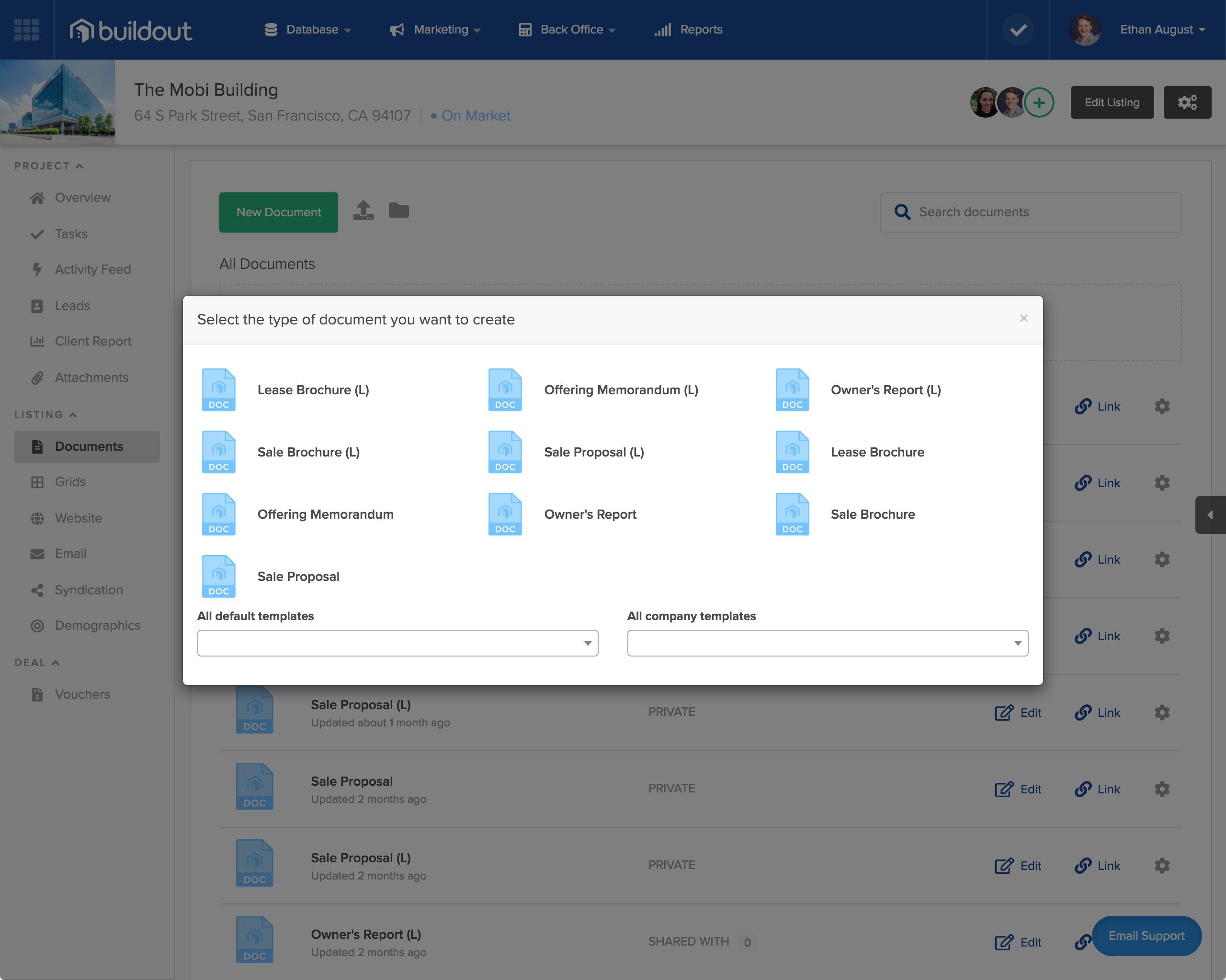 Buildout interface showing document templates and listing workflow for a commercial property