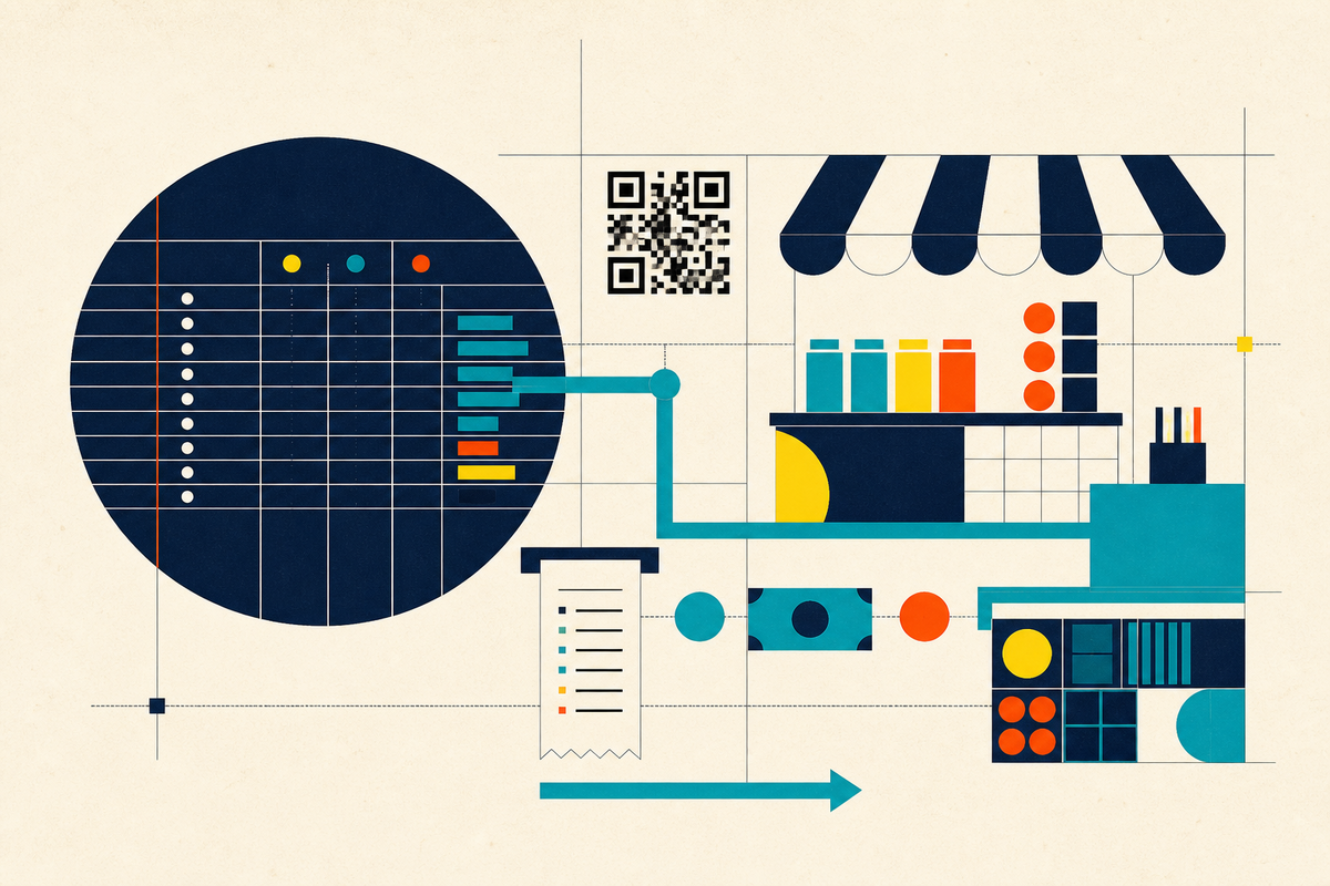 Abstract Swiss-style composition of a ledger, neighborhood shop, QR pattern and payment flow