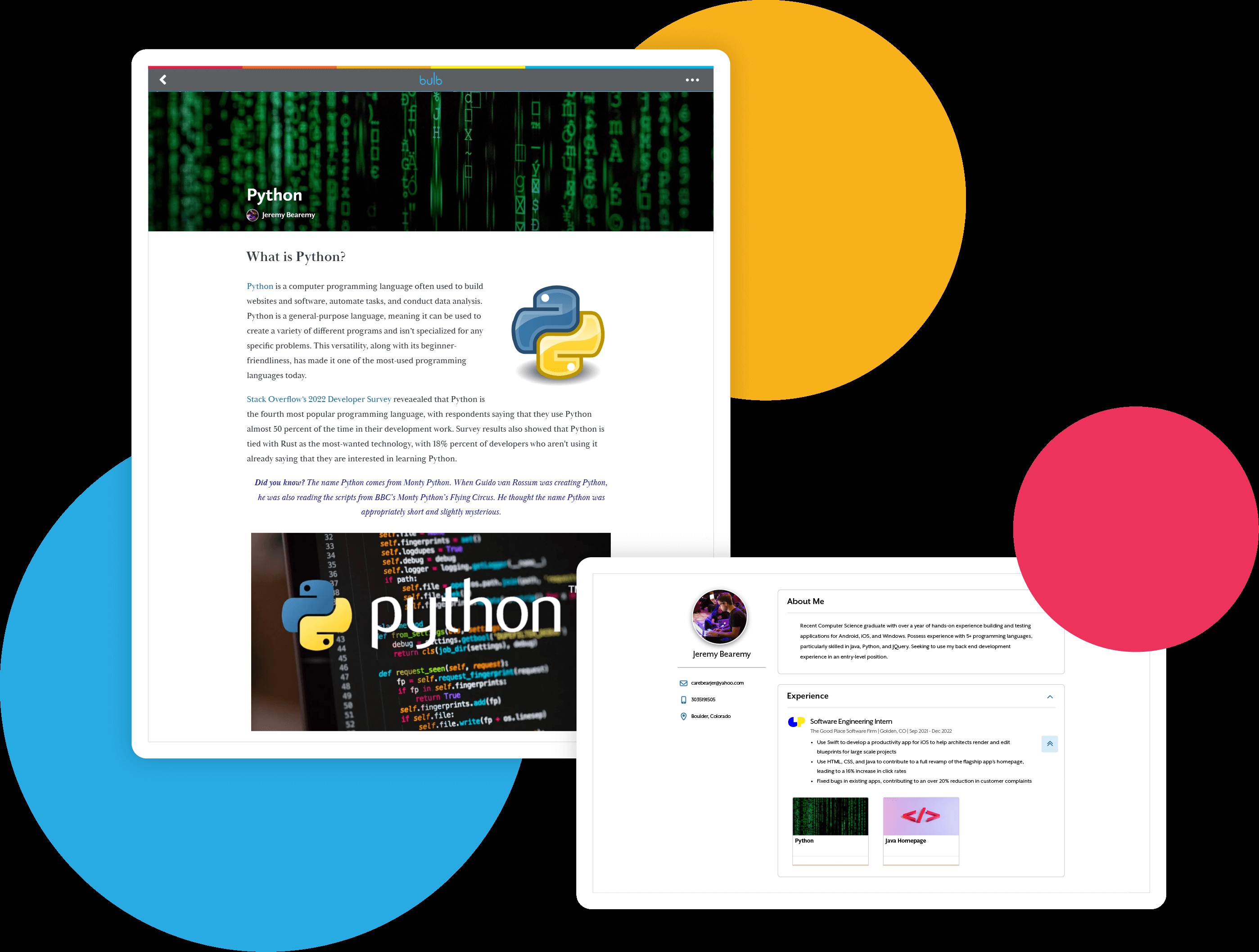 Bulb’s official product illustration showing a Python portfolio page beside a digital resume