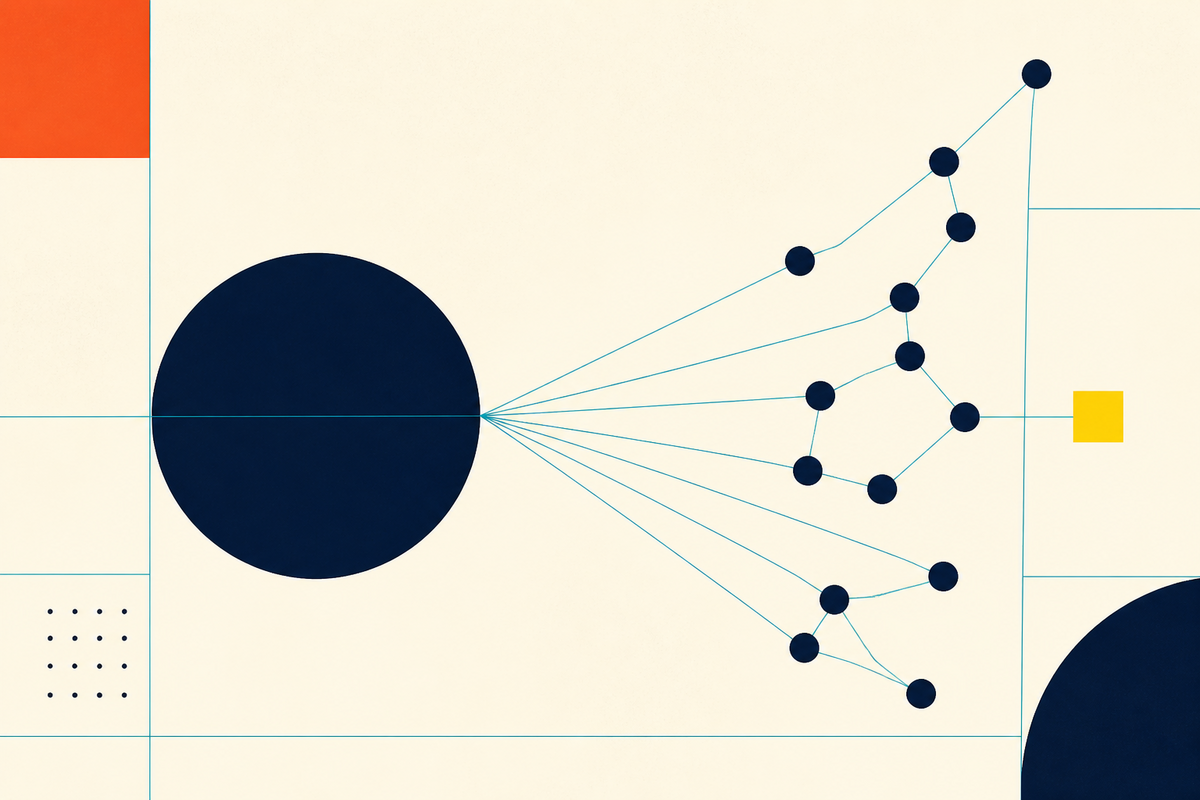 Abstract Swiss-style composition with a central navy circle connected to a focused network of geometric nodes