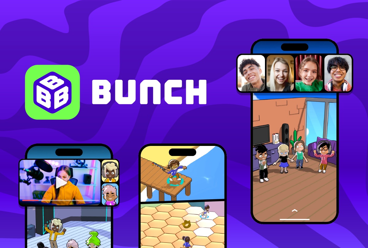 Bunch promotional screenshots showing mobile social gaming and conversation