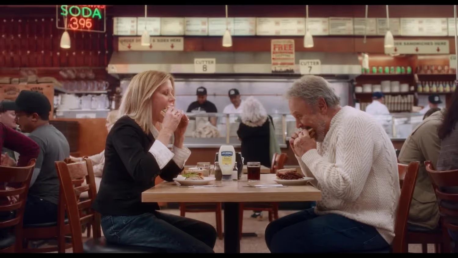 Meg Ryan and Billy Crystal seated in Katz's Deli for the Hellmann's campaign