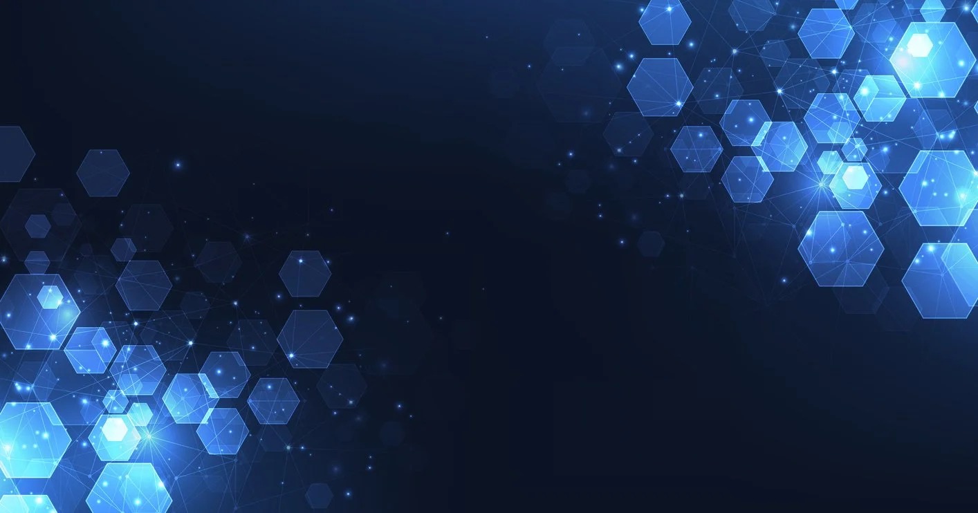 Blue network of connected molecular hexagons used in Burns McClellan's company imagery