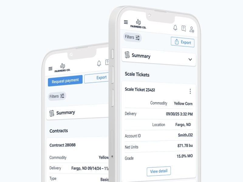 Bushel customer portal displayed on two phones, showing grain contracts and scale tickets