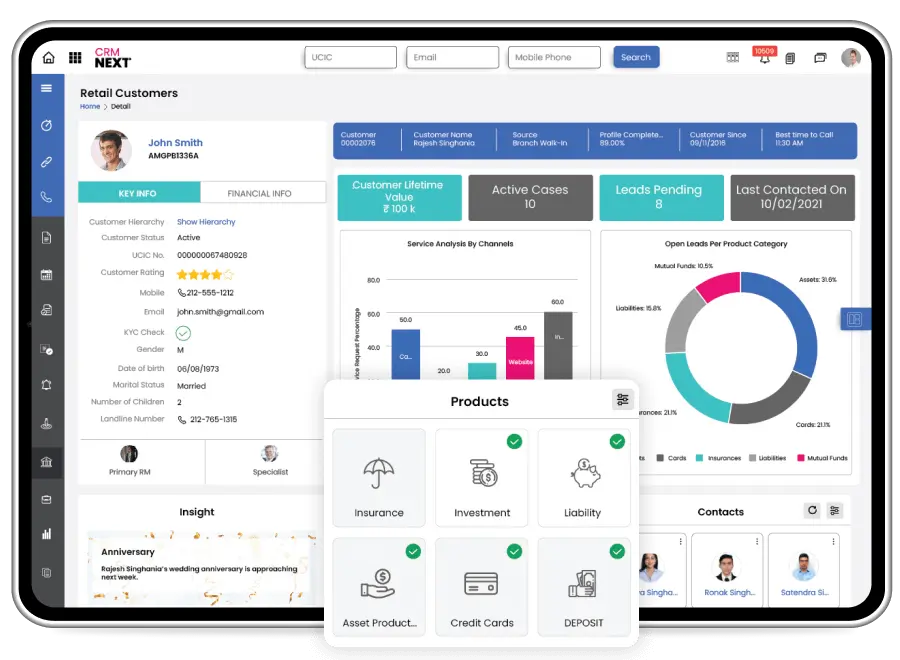 CRMNEXT product illustration showing a sample customer record, service activity and financial product panels
