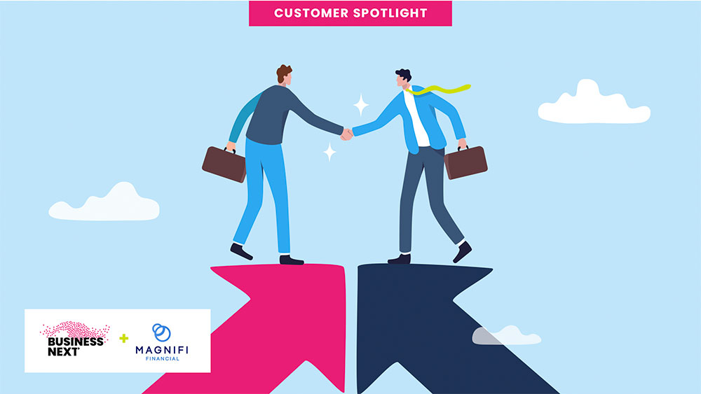 BusinessNext’s Magnifi Financial customer-story illustration showing two people shaking hands across arrows