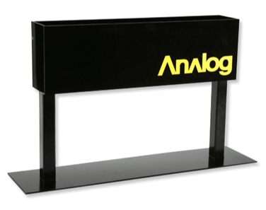 Black Analog-branded magazine display made from acrylic and powder-coated metal