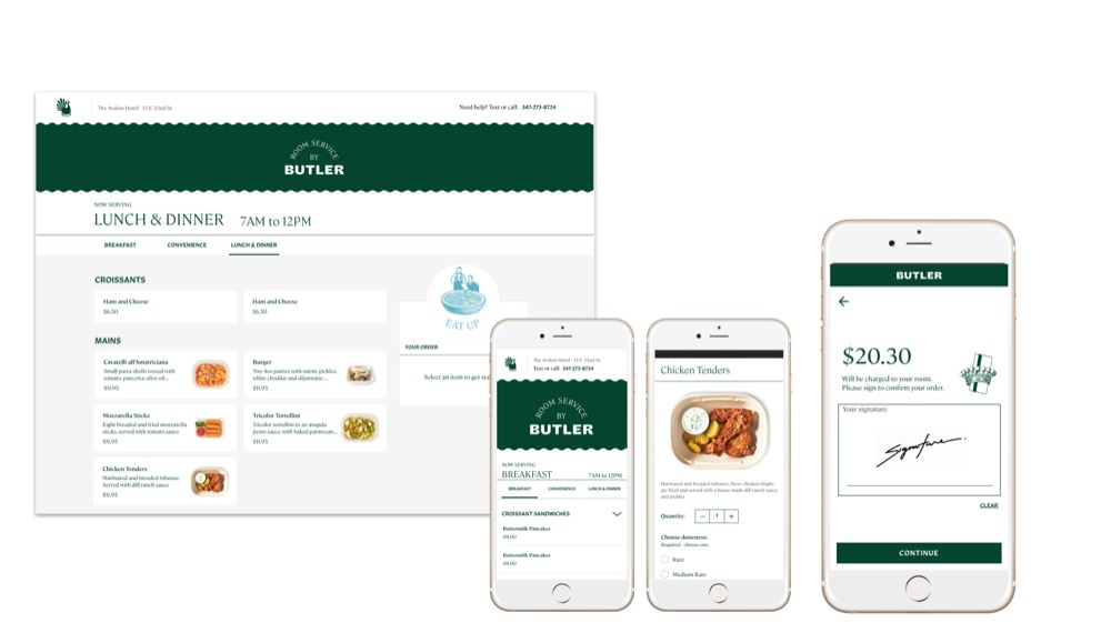 Historical Butler room-service ordering interfaces, showing menu selection and a charge-to-room checkout