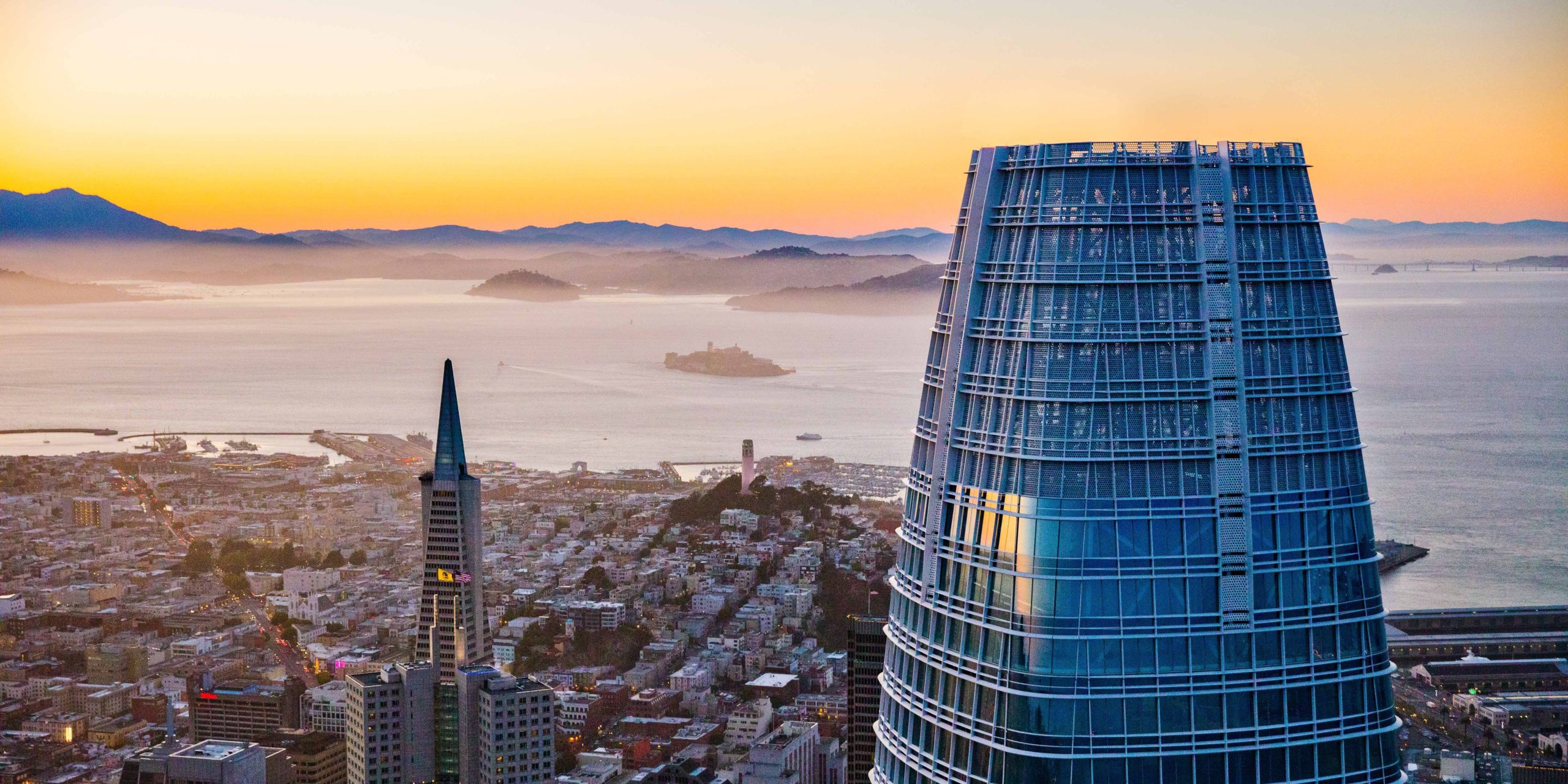 Salesforce Tower rising over the San Francisco skyline at sunset
