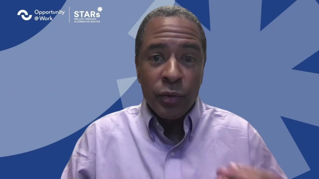 Byron Auguste speaking during a virtual Opportunity at Work interview about workforce equity