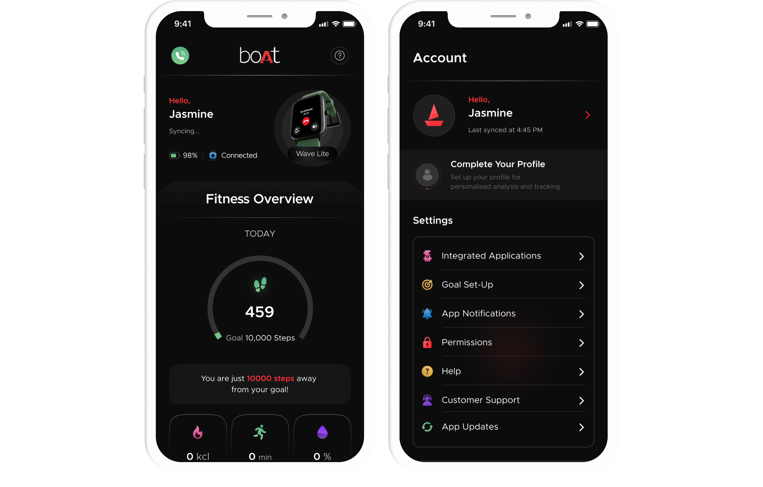 Two boAt app screens showing a connected wearable, fitness overview and account settings