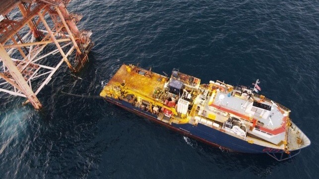 DSV 217 working beside an offshore platform in the Gulf of Mexico