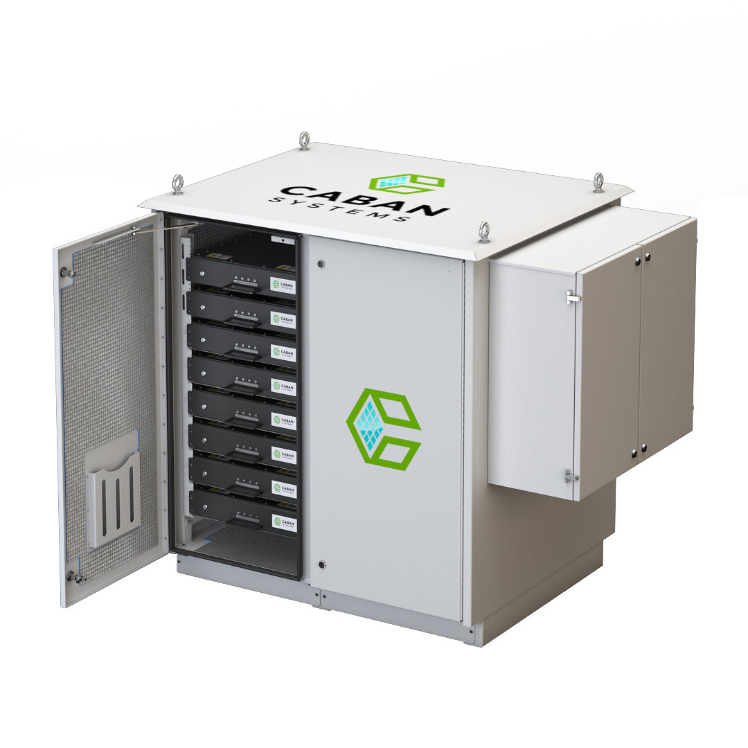Rendering of a Caban Enduro energy storage cabinet with its battery compartment open
