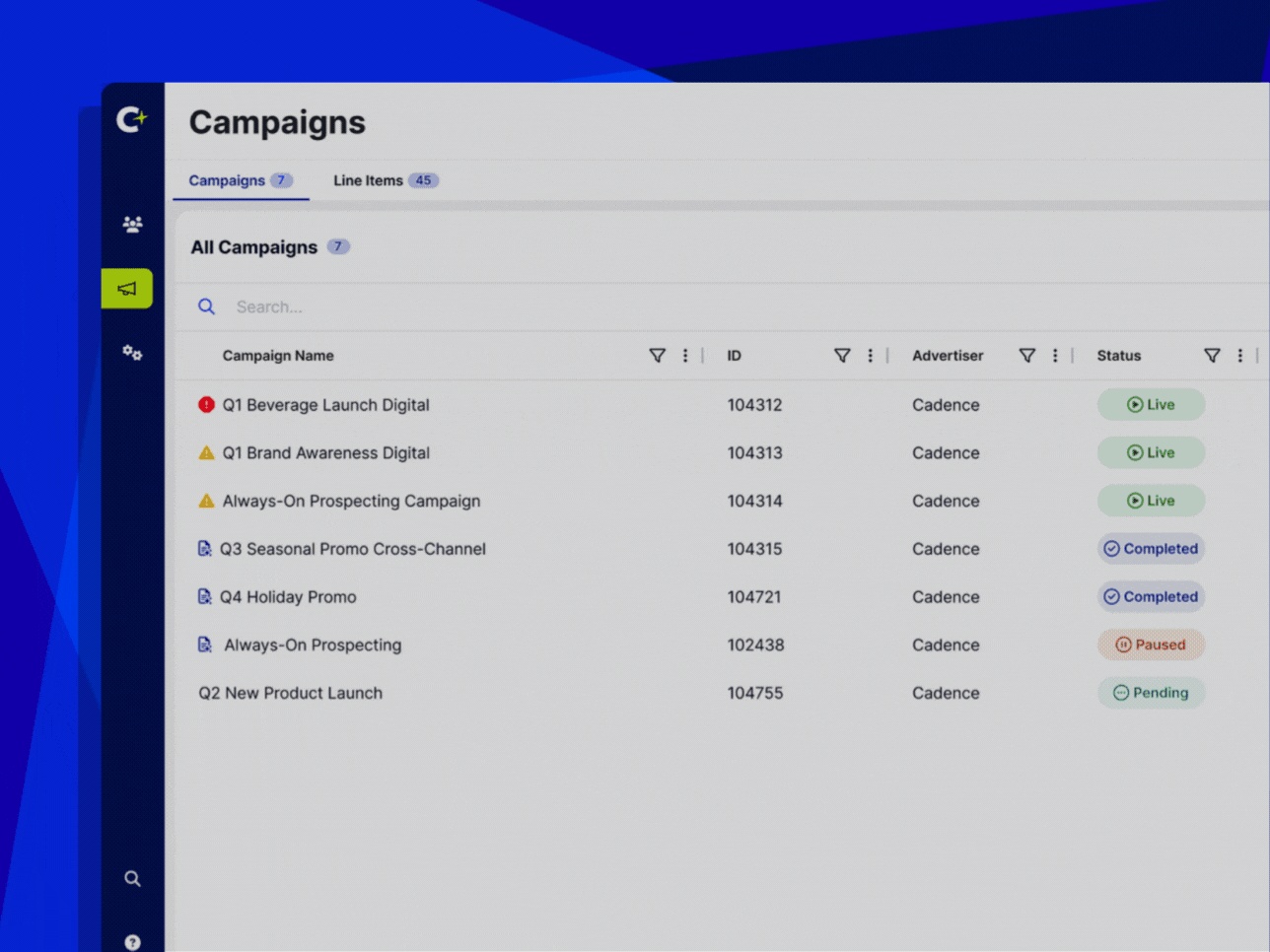 Cadent product demonstration showing campaign names, line items, and delivery status