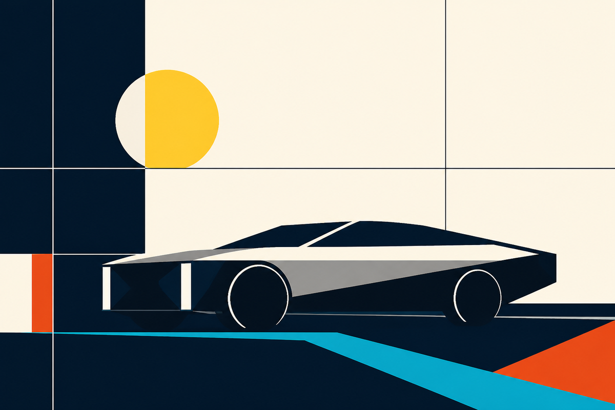 Abstract Swiss-style illustration of an electric luxury car crossing a geometric grid