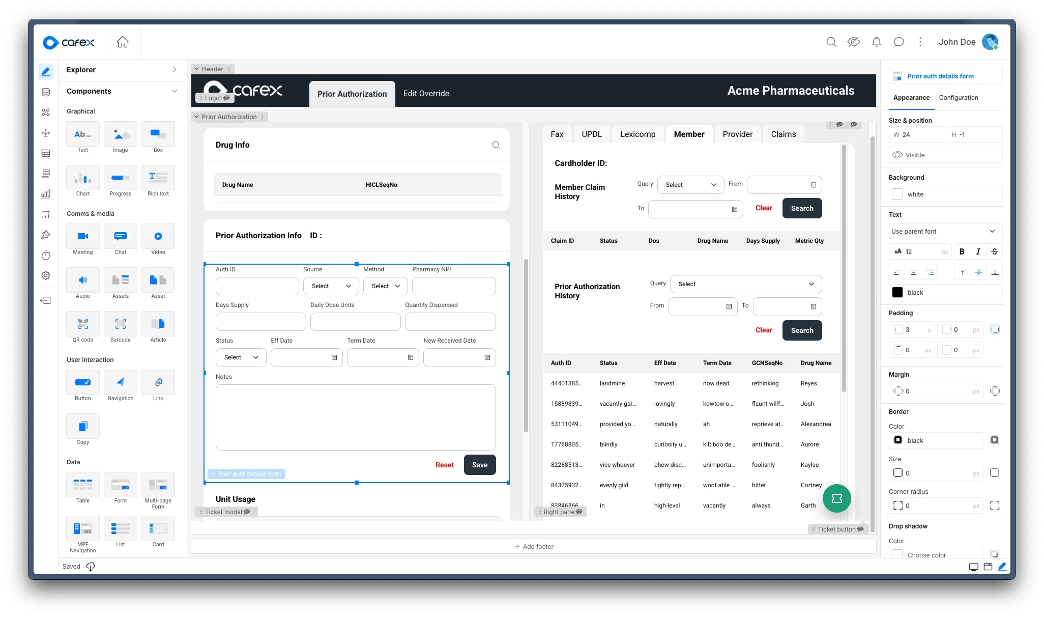 CafeX App Builder showing visual components and a demonstration prior authorization application