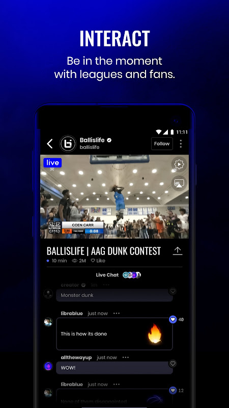 Caffeine mobile app showing a live basketball dunk contest and viewer chat