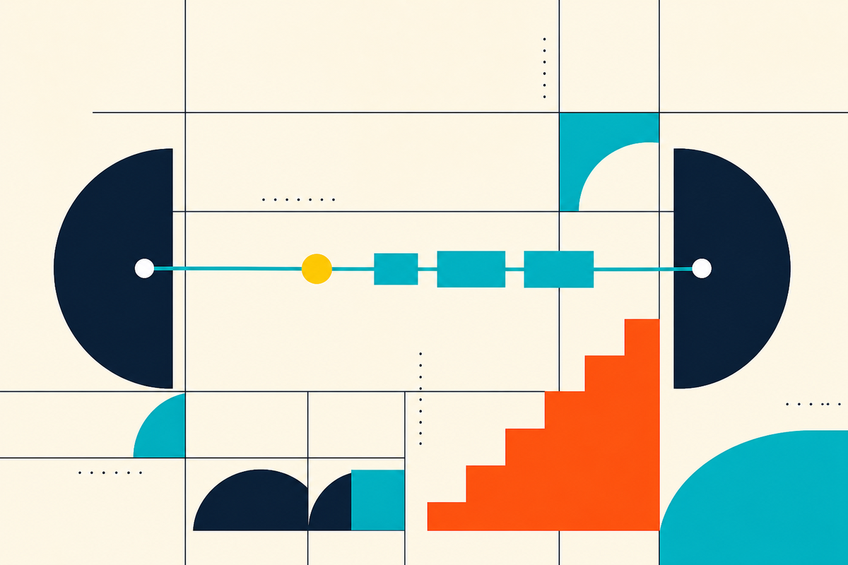 Abstract geometric illustration showing two-way learning connected to a staircase of progress
