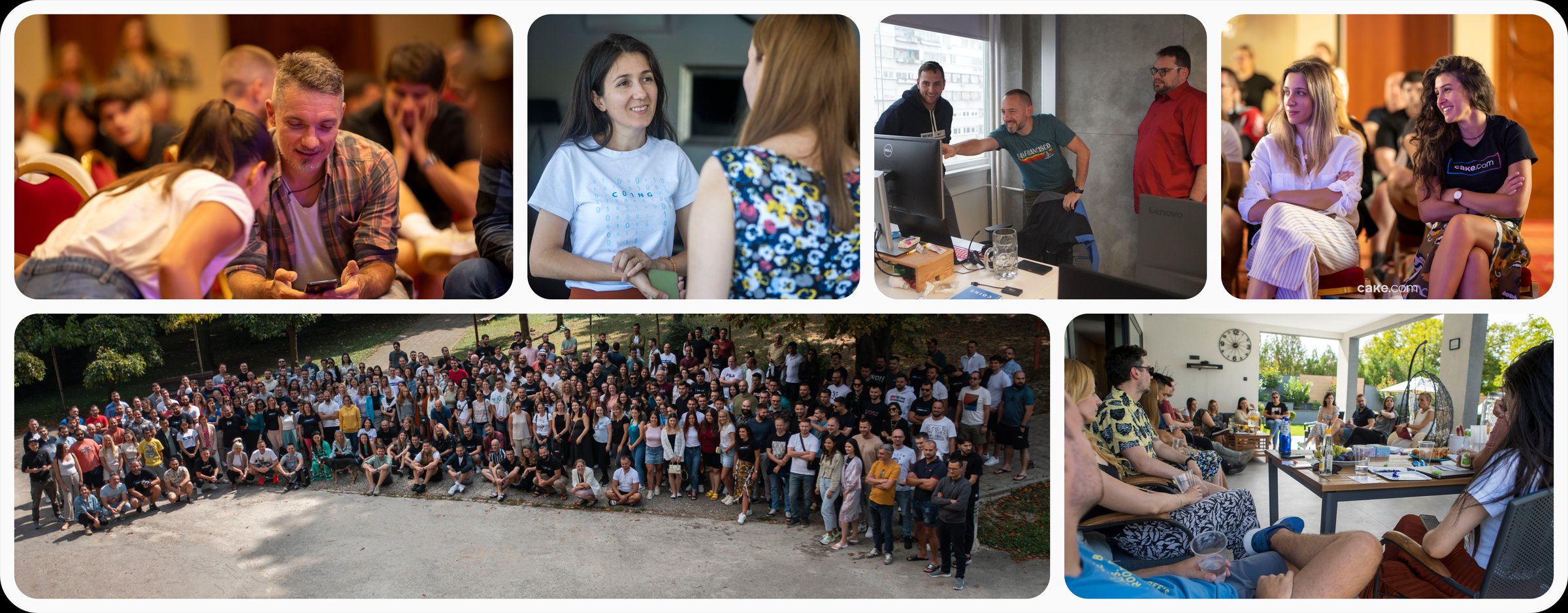 CAKE.com company collage showing team gatherings and colleagues at work