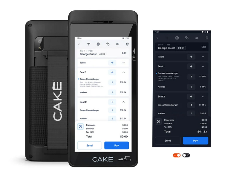 CAKEpop handheld point-of-sale device with ordering and payment interfaces