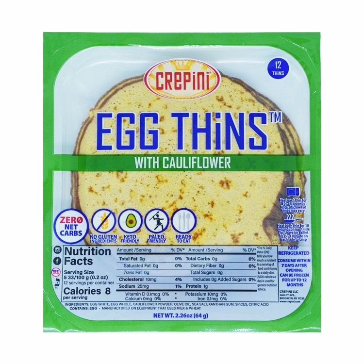 Green package of Crepini Egg Thins with Cauliflower