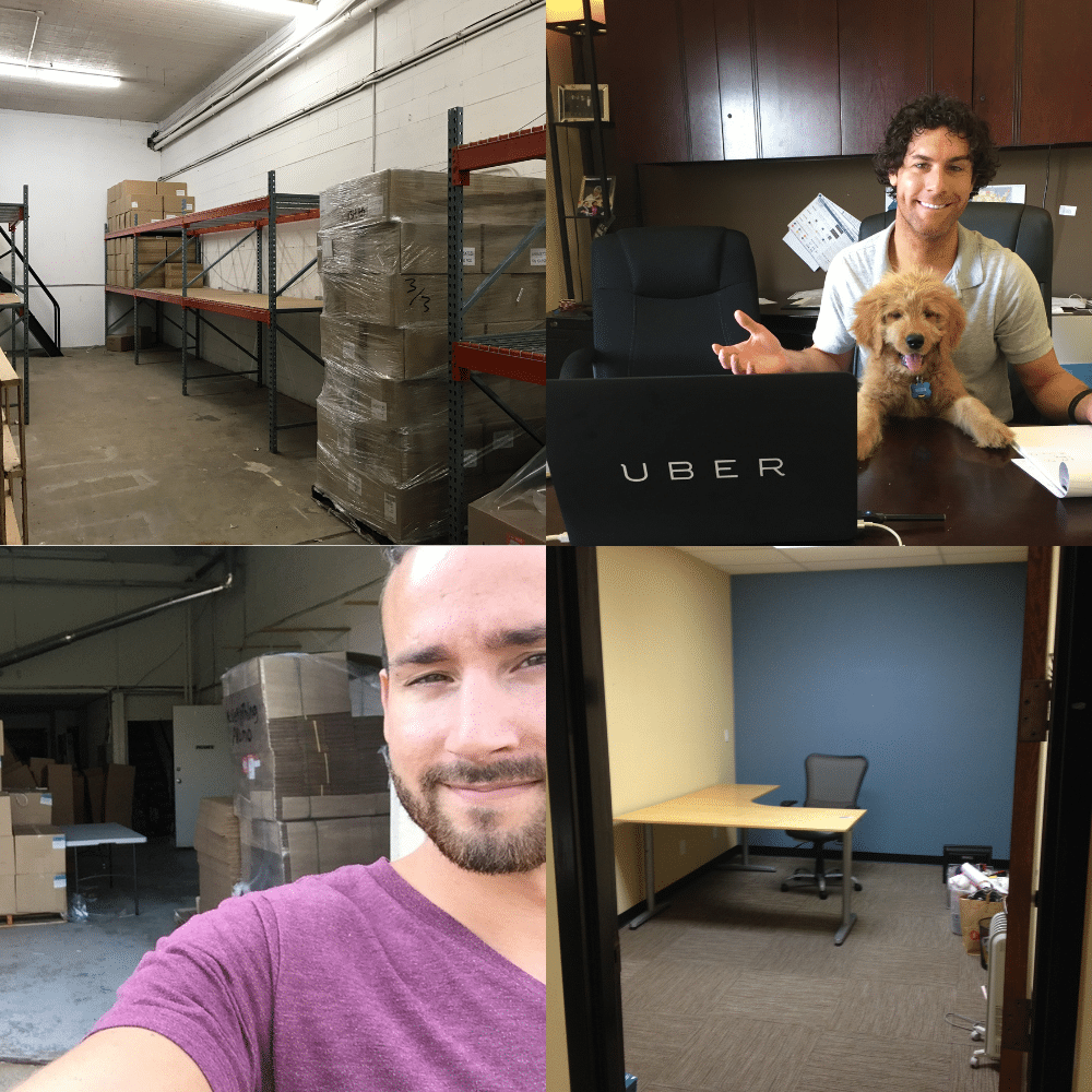 Imprint Engine’s early-office collage showing warehouse shelving, Travis Veit with a dog, Caleb Gilbertson, and a small office