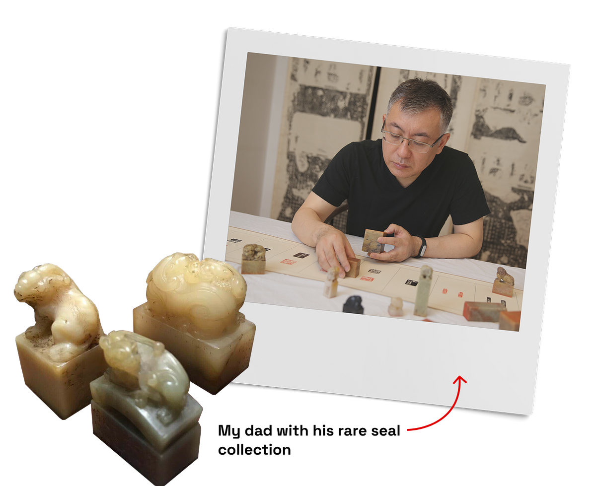 Caleb Wang's father examining carved seals from his collection