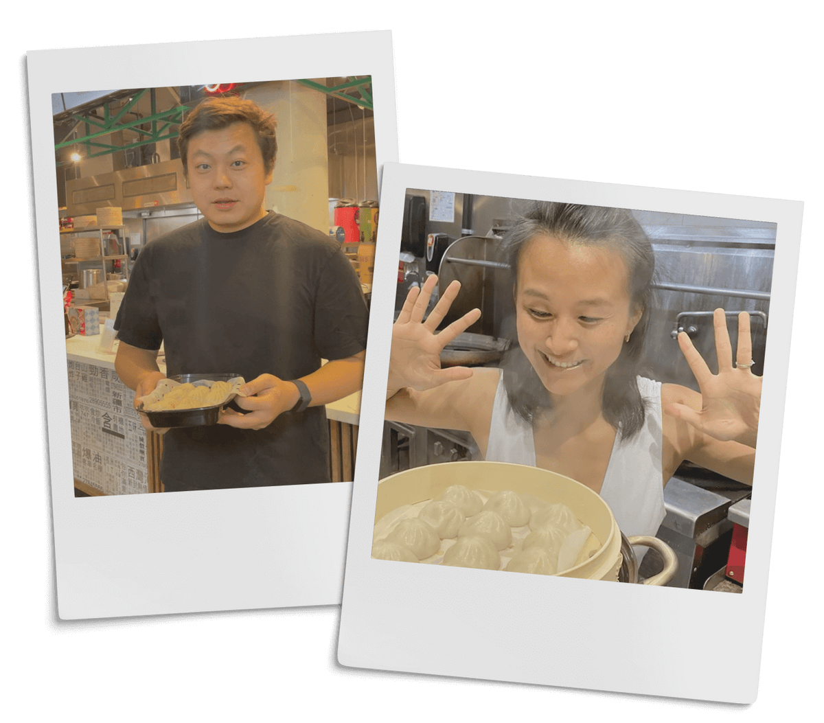 Caleb Wang holding a tray of dumplings and Jennifer Liao smiling over a bamboo steamer in the MìLà kitchen