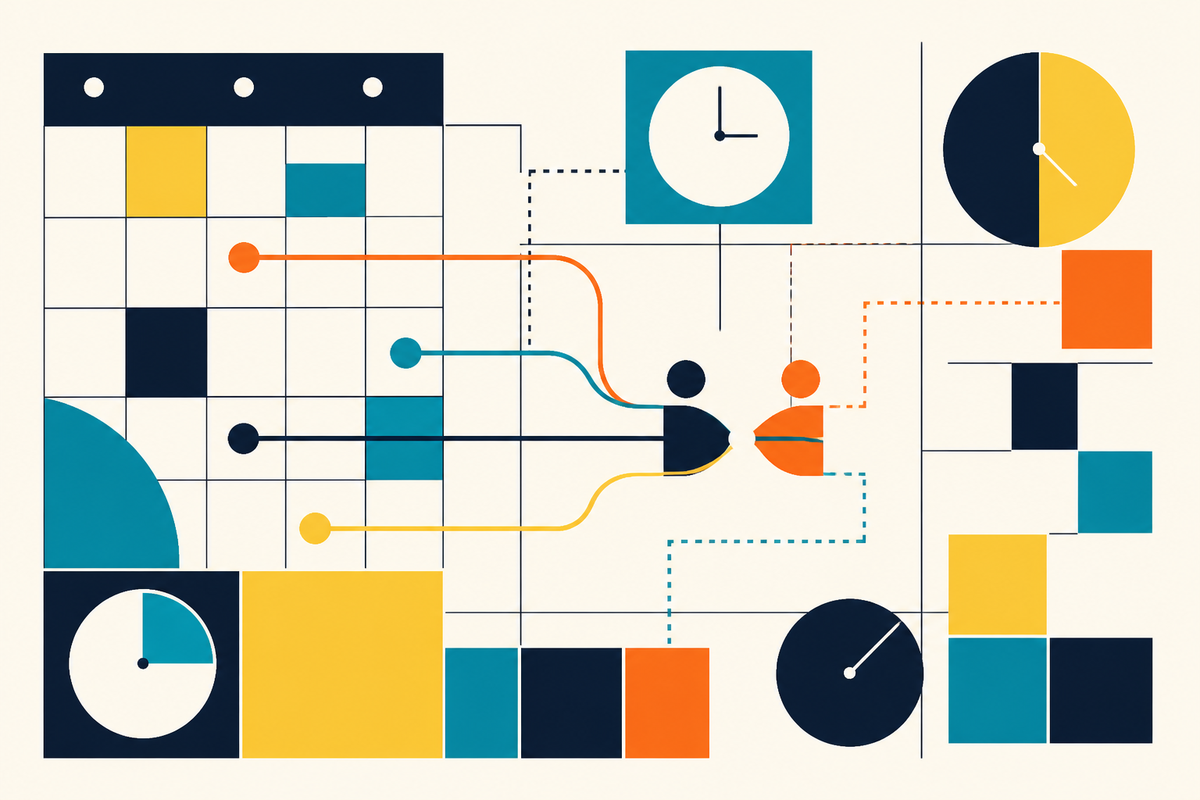 Abstract geometric illustration of calendar blocks, clocks and colored routes converging on a meeting